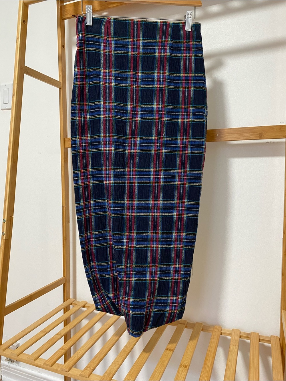 Zara Navy Plaid Pencil Skirt with Red and Yellow Accents